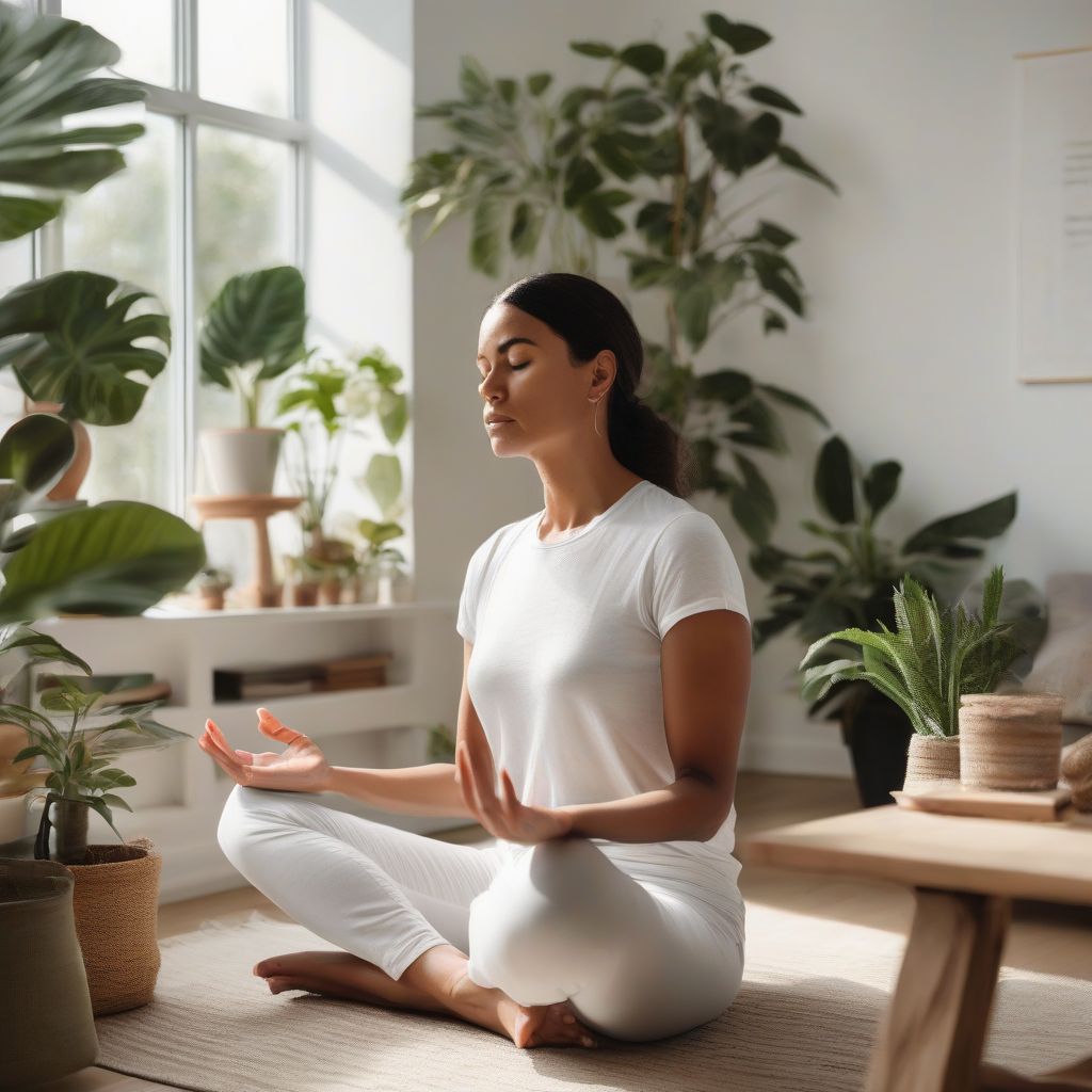 Woman Meditating in Peaceful Home Office